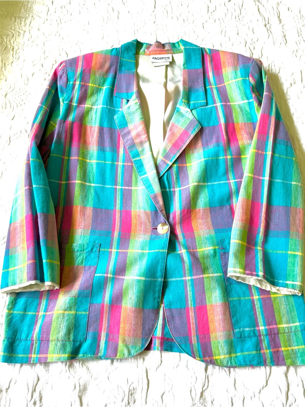 VTG PAQUETTE PetiteTurquoise Madras Plaid Women's Single-Button Blazer